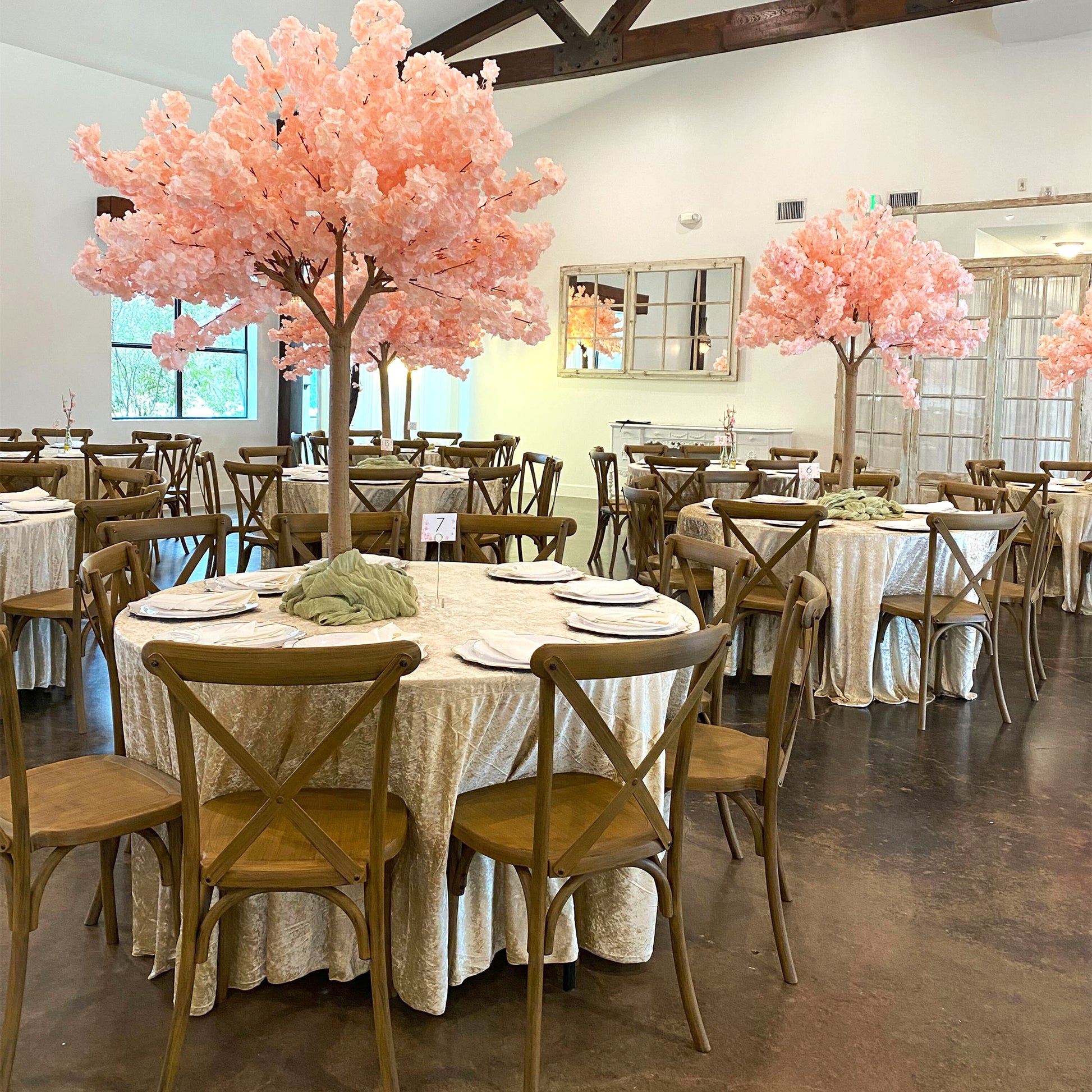 Velvet 108" Round Tablecloth Champagne with cherry blossom tree