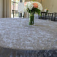 Velvet 108" Round Tablecloth Dusty Blue with clear vase with florals