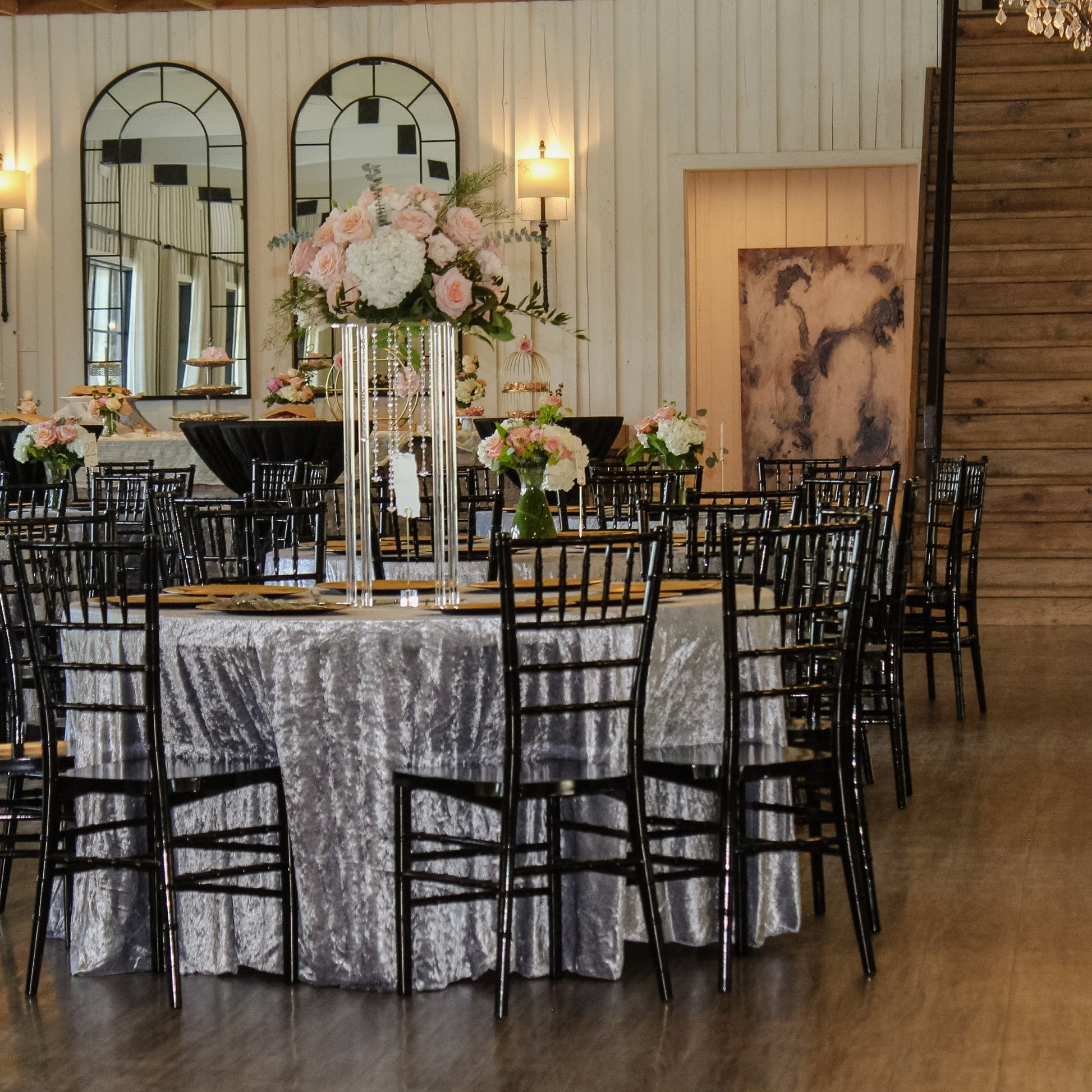 Velvet 108" Round Tablecloth Dusty Blue with modern acrylic floral centerpiece and charger plates