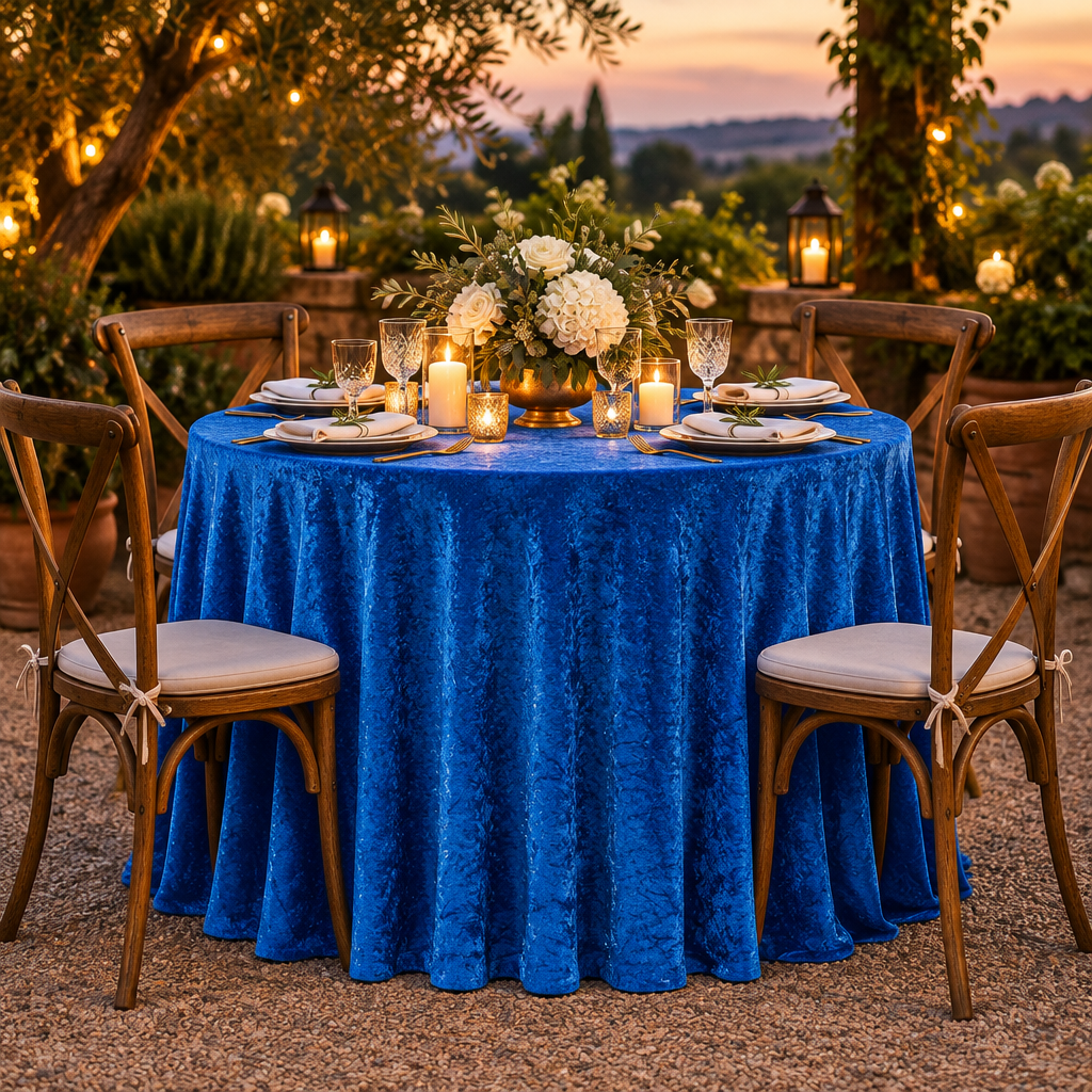 Velvet 108" Round Tablecloth Royal Blue  at an outdoor anniversary dinner