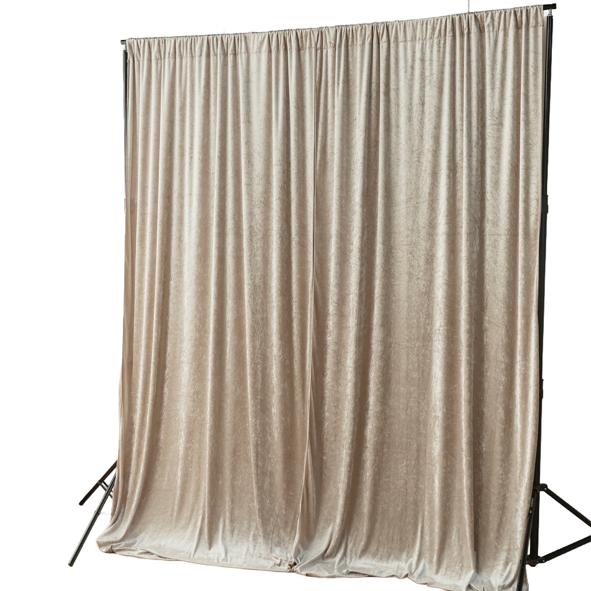 Velvet 10ft H x 52" W Drape/Backdrop Curtain Panel Taupe on a portable photo backdrop stand
