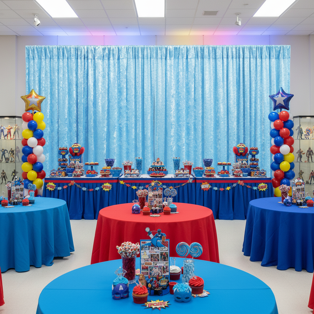 superhero birthday party with Velvet 10ft H x 52" W Drape/Backdrop Curtain Panel - Baby Blue