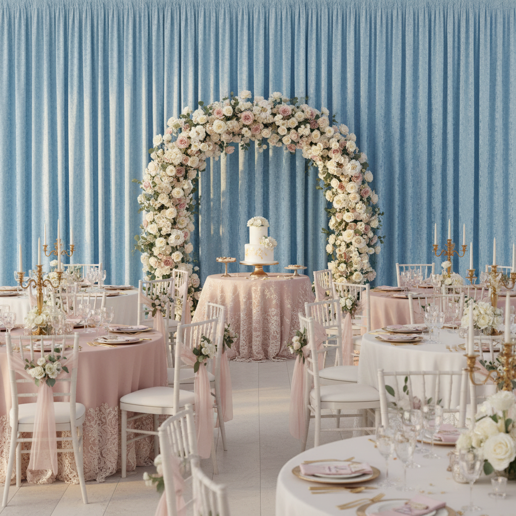 bridal shower with Velvet 10ft H x 52" W Drape/Backdrop Curtain Panel - Baby Blue