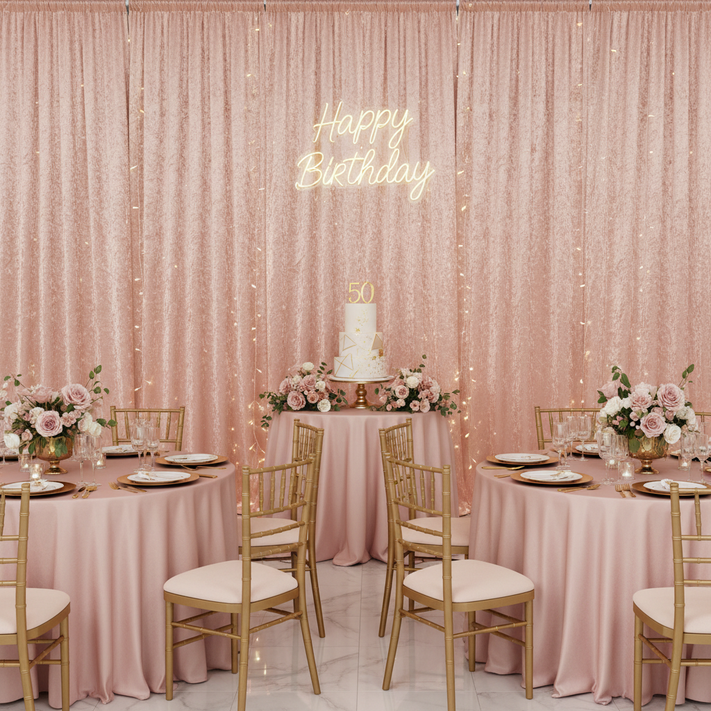 Velvet 10ft H x 52" W Drape/Backdrop Curtain Panel - Blush/Rose Gold with happy birthday neon sign 