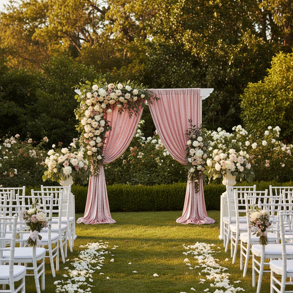 outdoor garden ceremony with Velvet 10ft H x 52" W Drape/Backdrop Curtain Panel - Dusty Rose/Mauve
