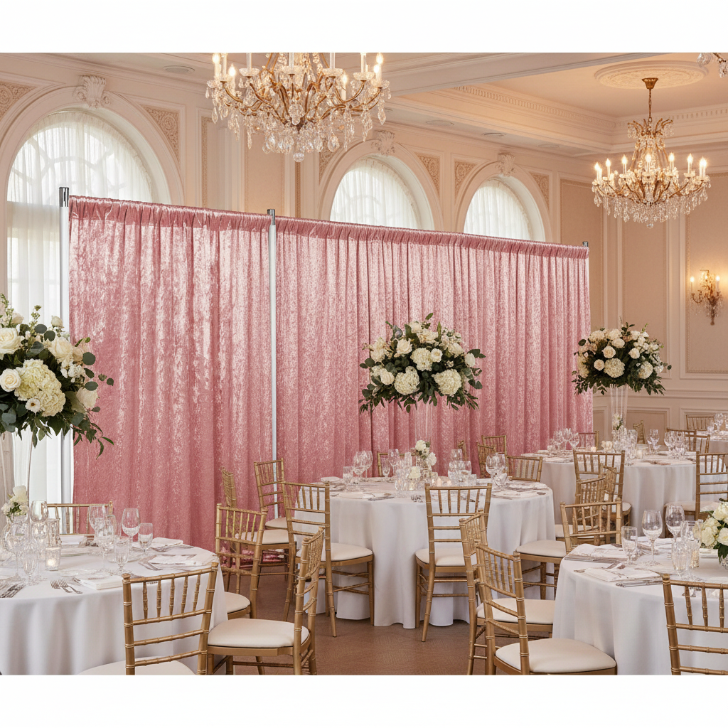 indoor wedding reception with Velvet 10ft H x 52" W Drape/Backdrop Curtain Panel - Dusty Rose/Mauve