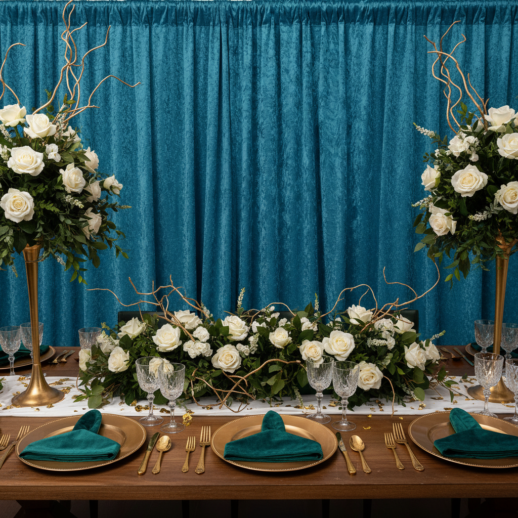 Velvet 10ft H x 52" W Drape/Backdrop Curtain Panel - Peacock Teal | upright | base | crossbar |