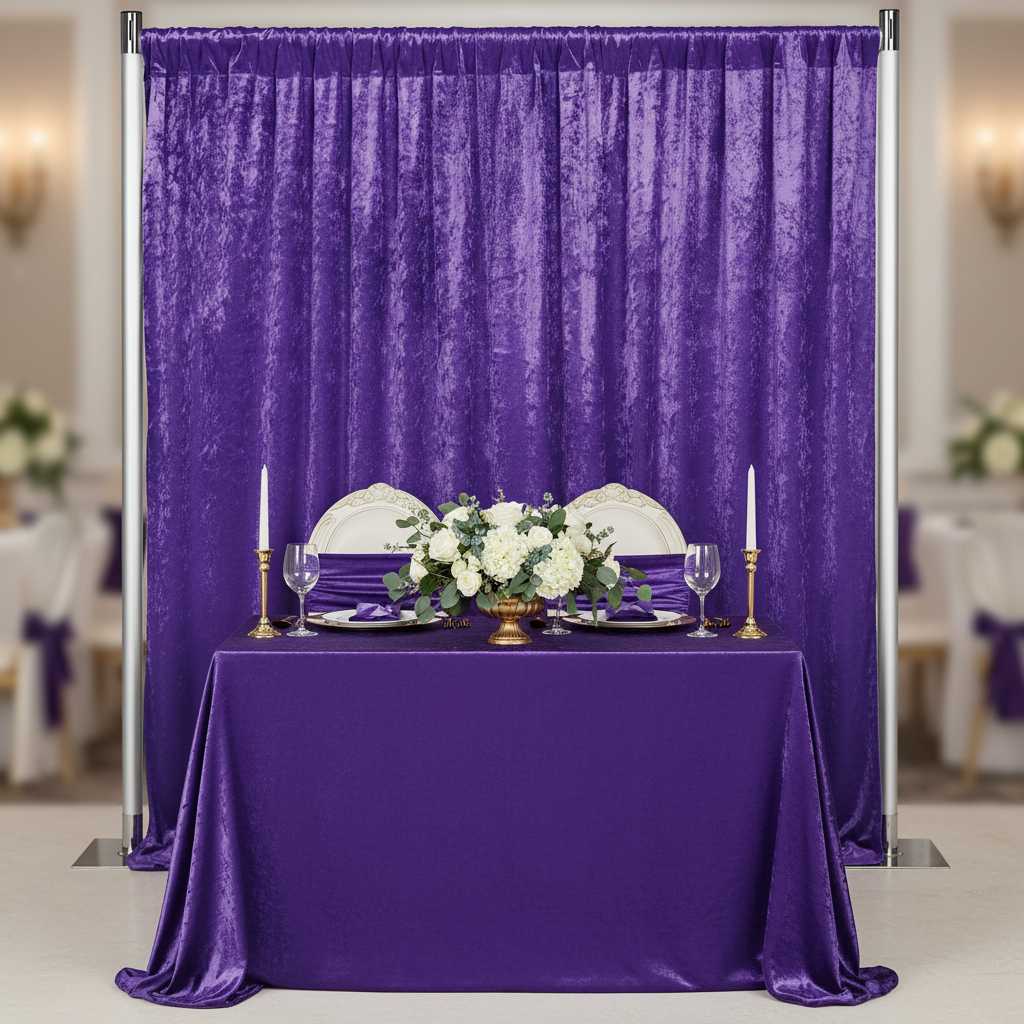 Velvet 10ft H x 52" W Drape/Backdrop Curtain Panel - Purple for sweetheart table reception