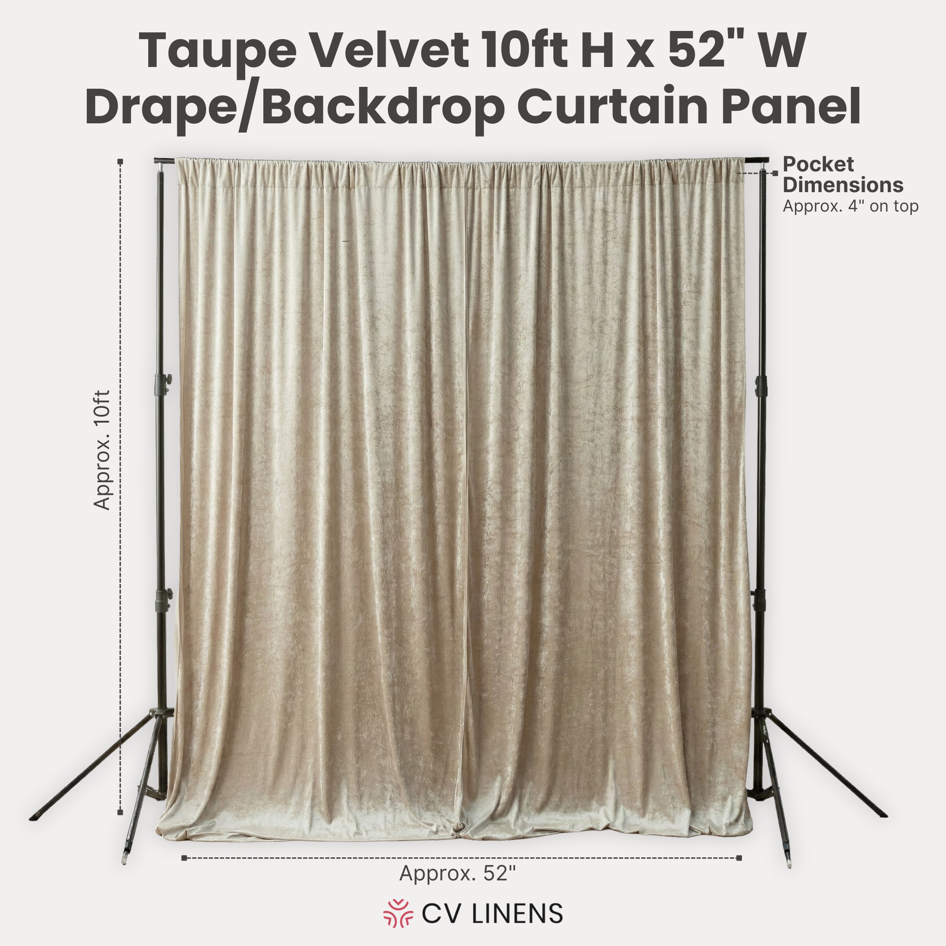 Velvet 10ft H x 52" W Drape/Backdrop Curtain Panel Taupe infographic showing product dimensions