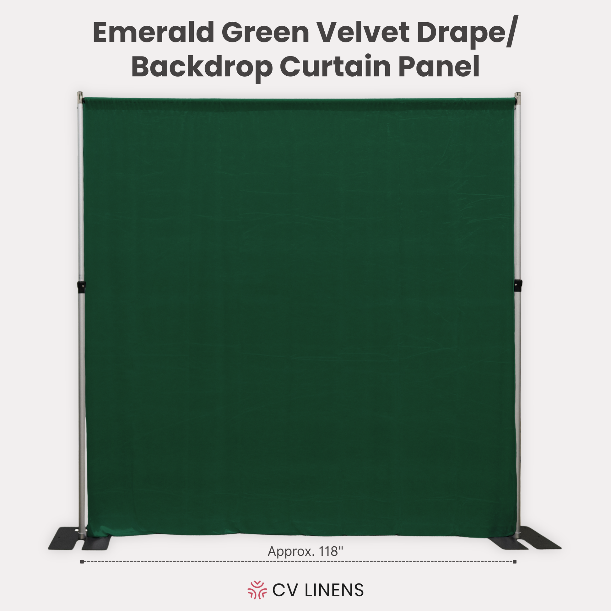 Velvet 10ft H x 118" W Drape/Backdrop Curtain Panel Emerald Green infographic showing drape stretech to full width