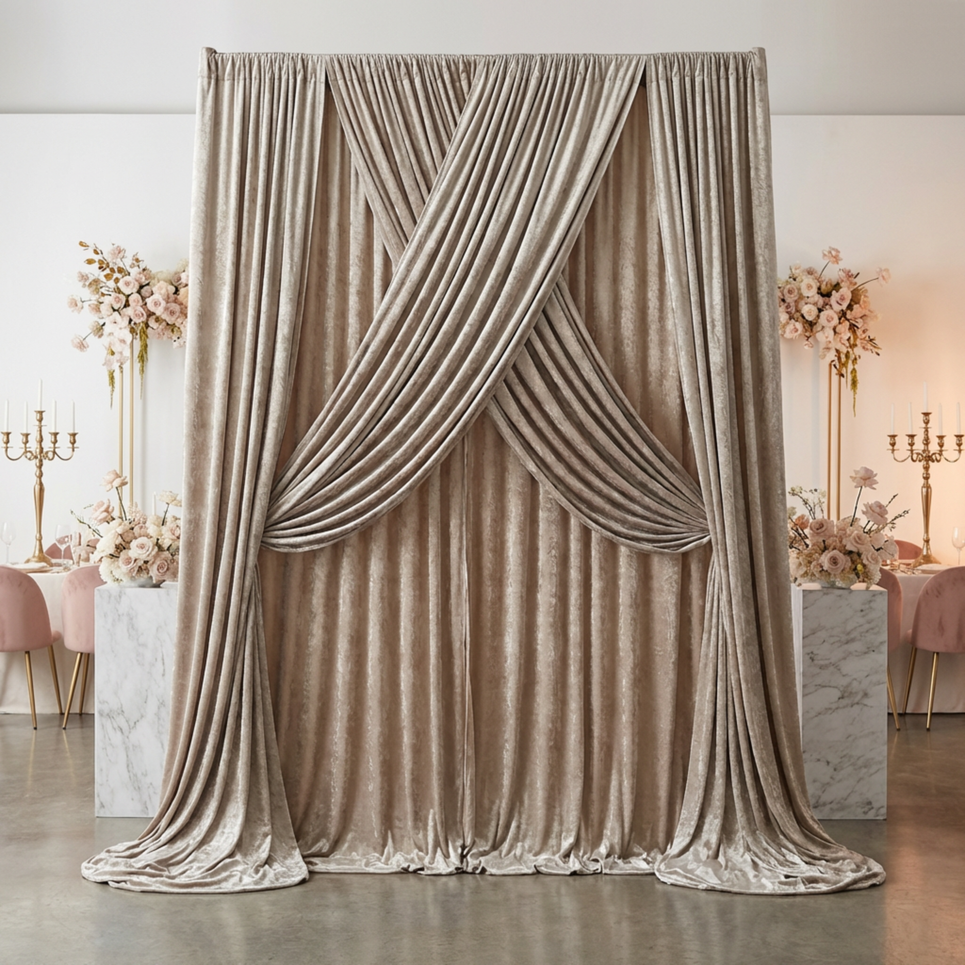 double swag draping on a pipe set with the Velvet 10ft H x 52" W Drape/Backdrop Curtain Panel Taupe 