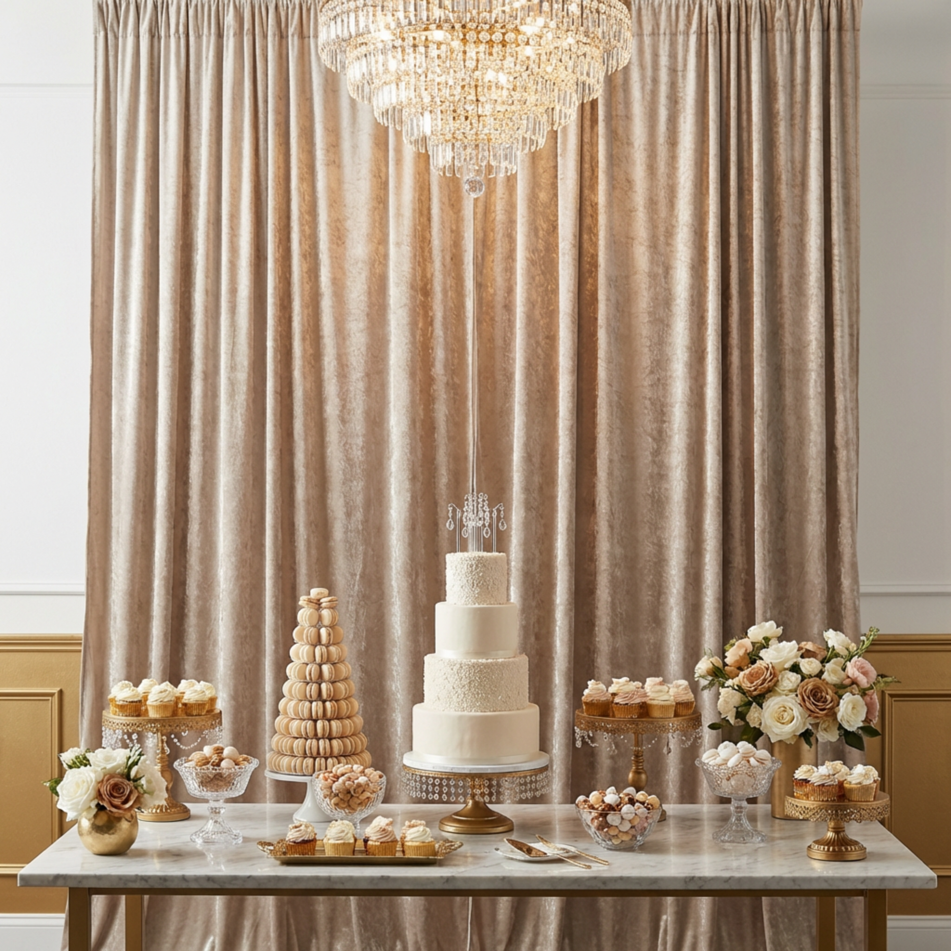 Velvet 10ft H x 52" W Drape/Backdrop Curtain Panel Taupe on a pipe set in front of the wedding cake table with desserts 