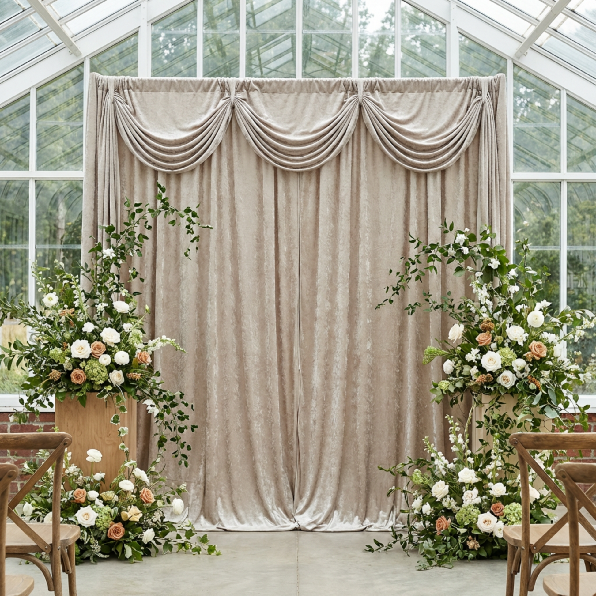 swag draping on a pipe set with two of the Velvet 10ft H x 52" W Drape/Backdrop Curtain Panel Taupe and floral centerpieces