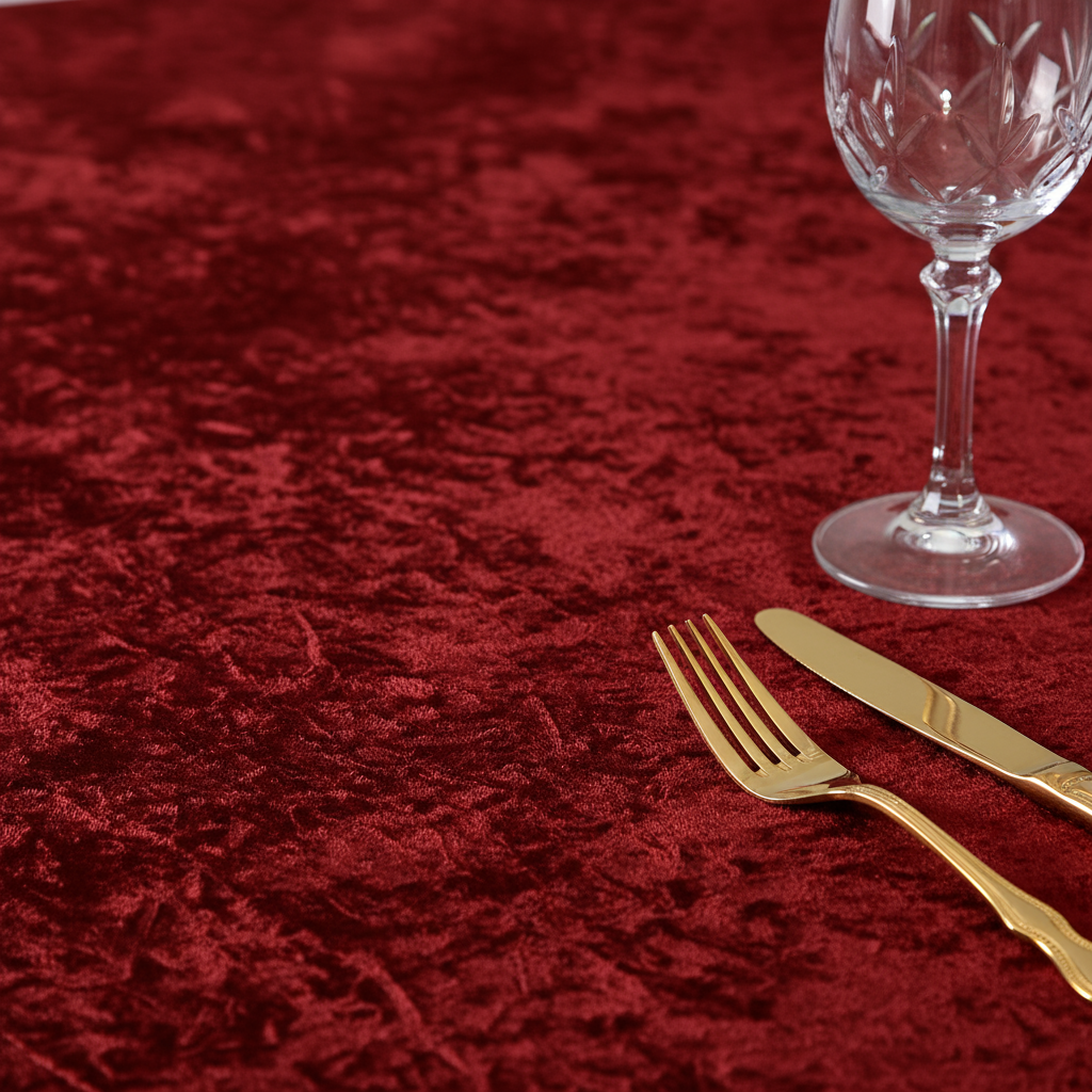 Velvet 120" Round Tablecloth Apple Red close up with flatware and wine goblet