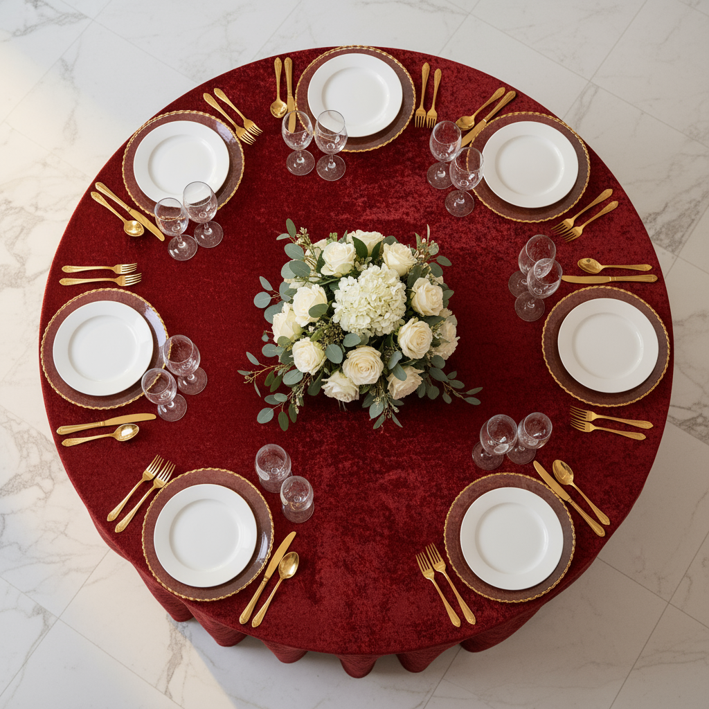 Velvet 120" Round Tablecloth Apple Red table setting top view