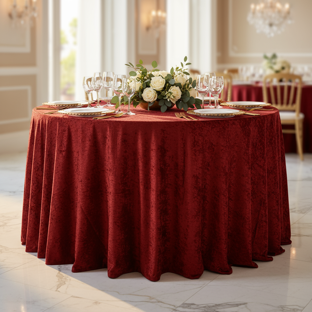 Velvet 120" Round Tablecloth Apple Red table setting with wine goblets, charger plates and white floral centerpiece
