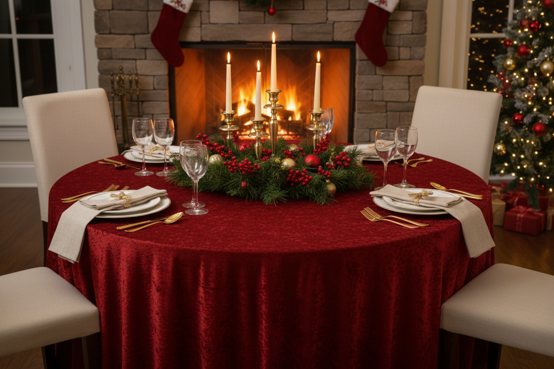 christmas dinner setup with Velvet 120" Round Tablecloth - Apple Red