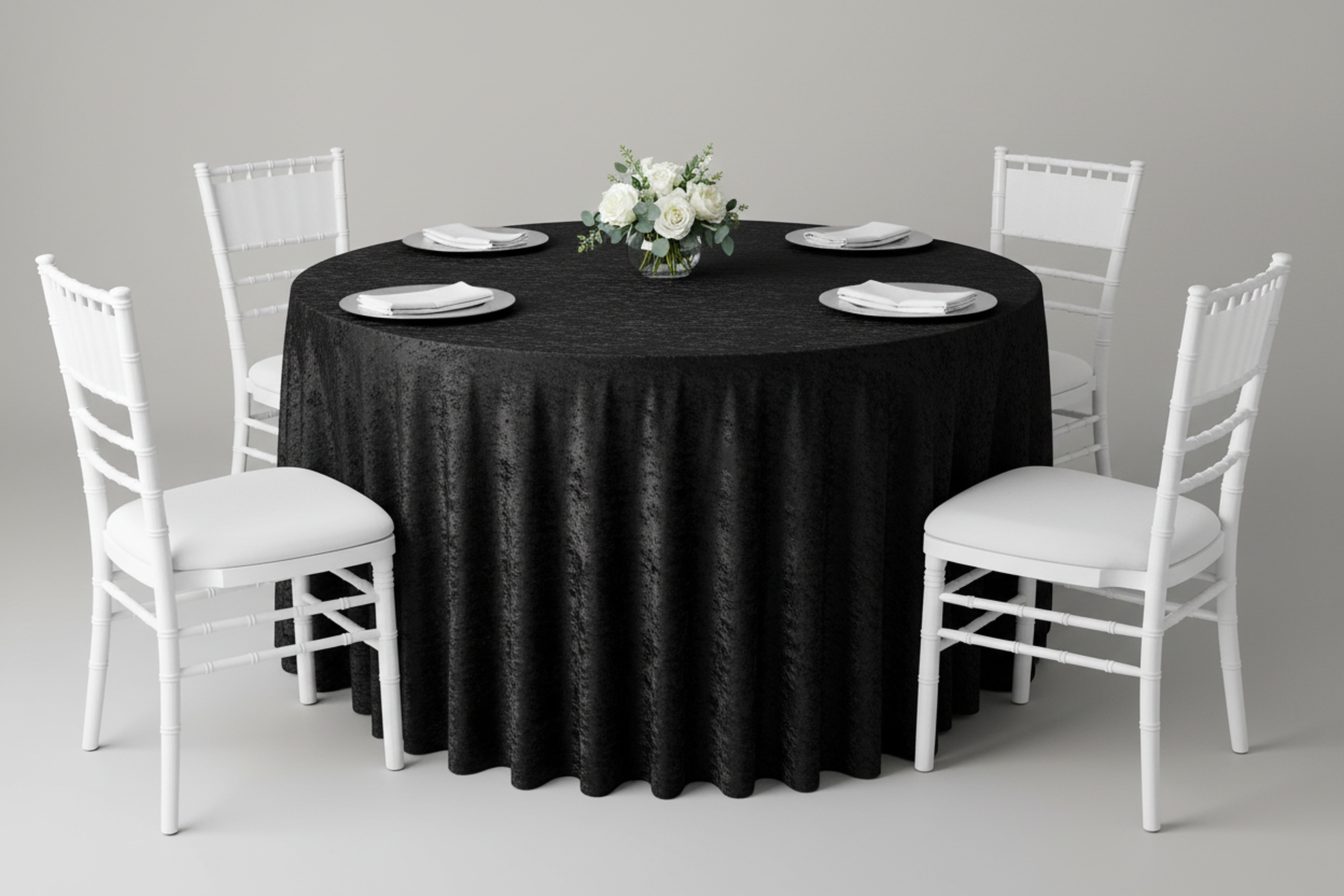 front view mockup with Velvet 120" Round Tablecloth - Black
