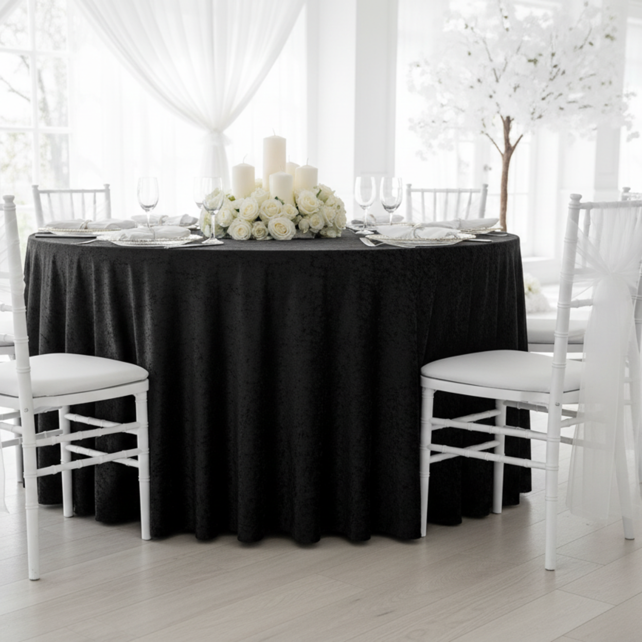 indoor intimate wedding setup with Velvet 120" Round Tablecloth - Black

