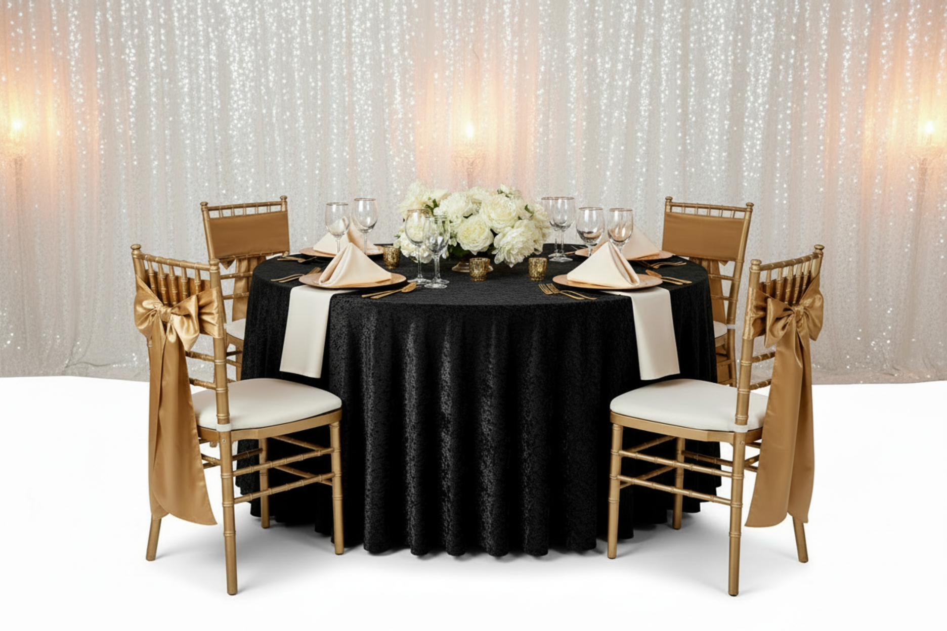 elegant wedding setup with Velvet 120" Round Tablecloth - Black and gold chiavari chair
