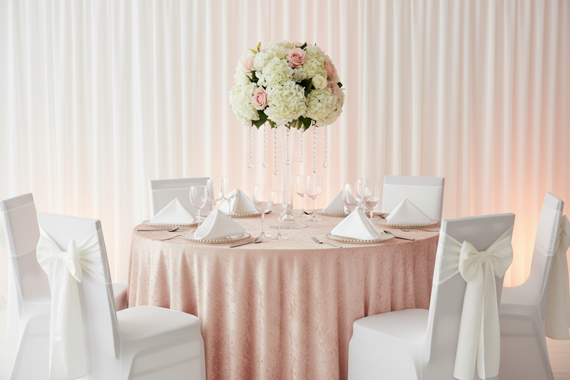 bridal shower setup with Velvet 120" Round Tablecloth - Blush/Rose Gold
