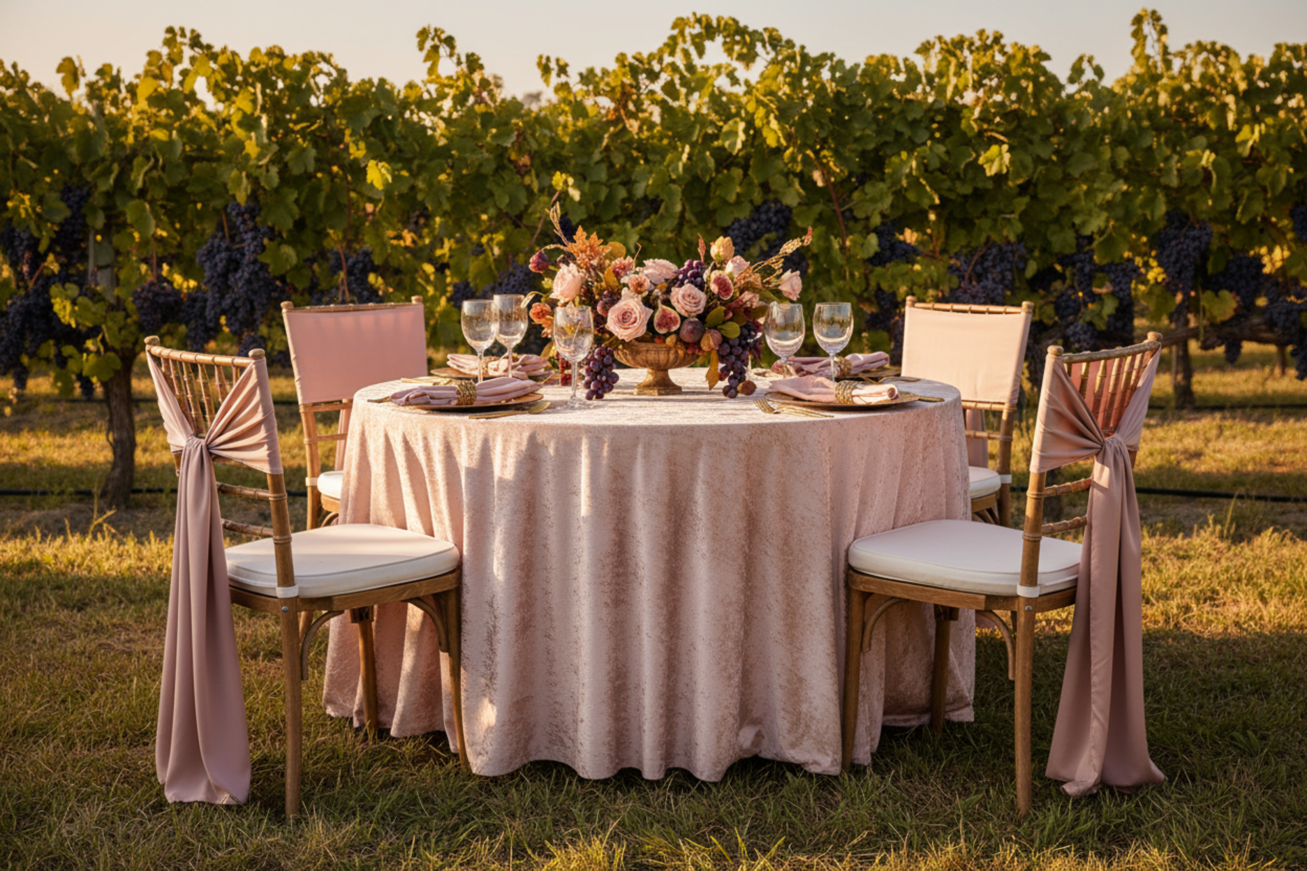 outdoor elegant setup using Velvet 120" Round Tablecloth - Blush/Rose Gold
