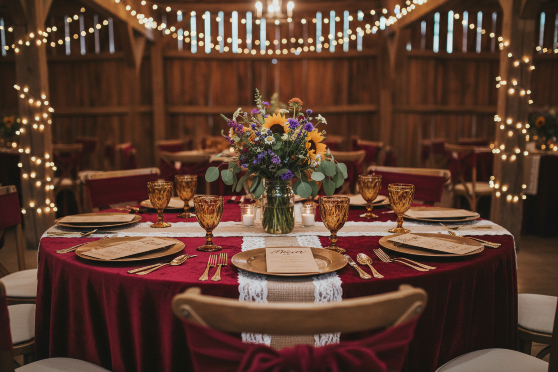 rustic barn setup with Velvet 120" Rectangular Tablecloth - Cabernet