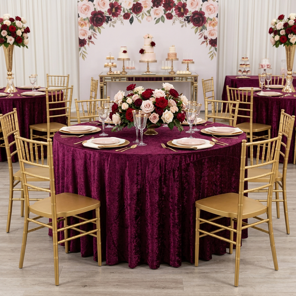 Cabernet 120-inch velvet quinceanera dinner