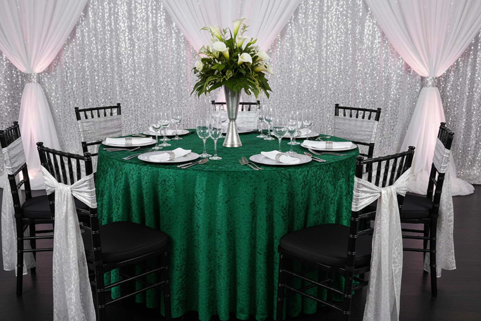 silver anniversary with Velvet 120" Round Tablecloth - Forest Green with silver chair sash tie and white napkin