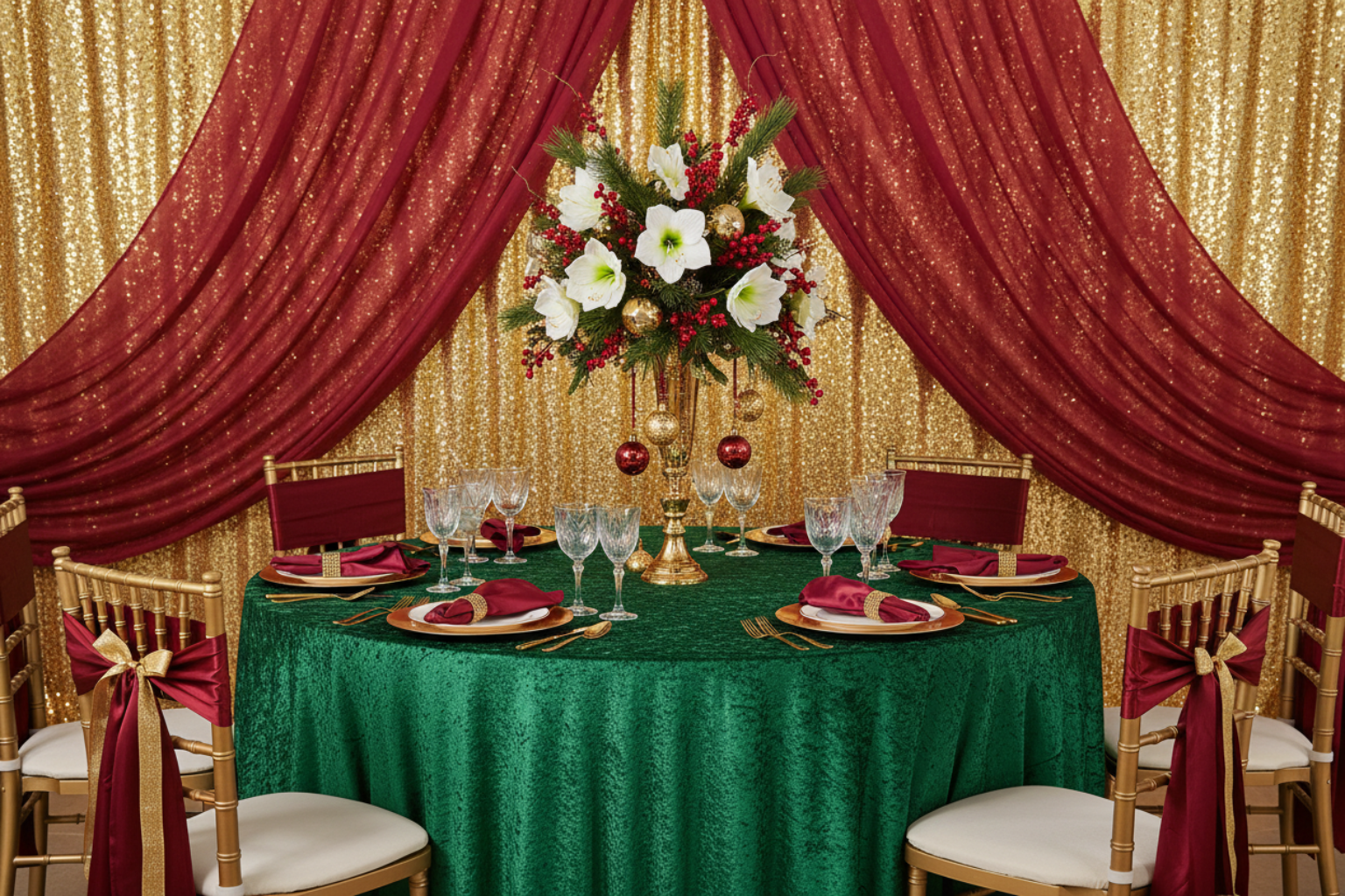 christmas dinner setup with Velvet 120" Round Tablecloth - Forest Green