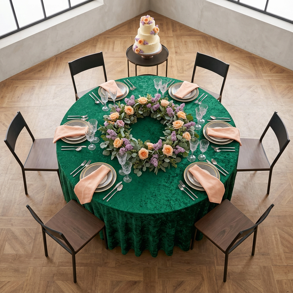 Forest green 120-inch velvet birthday dinner top view