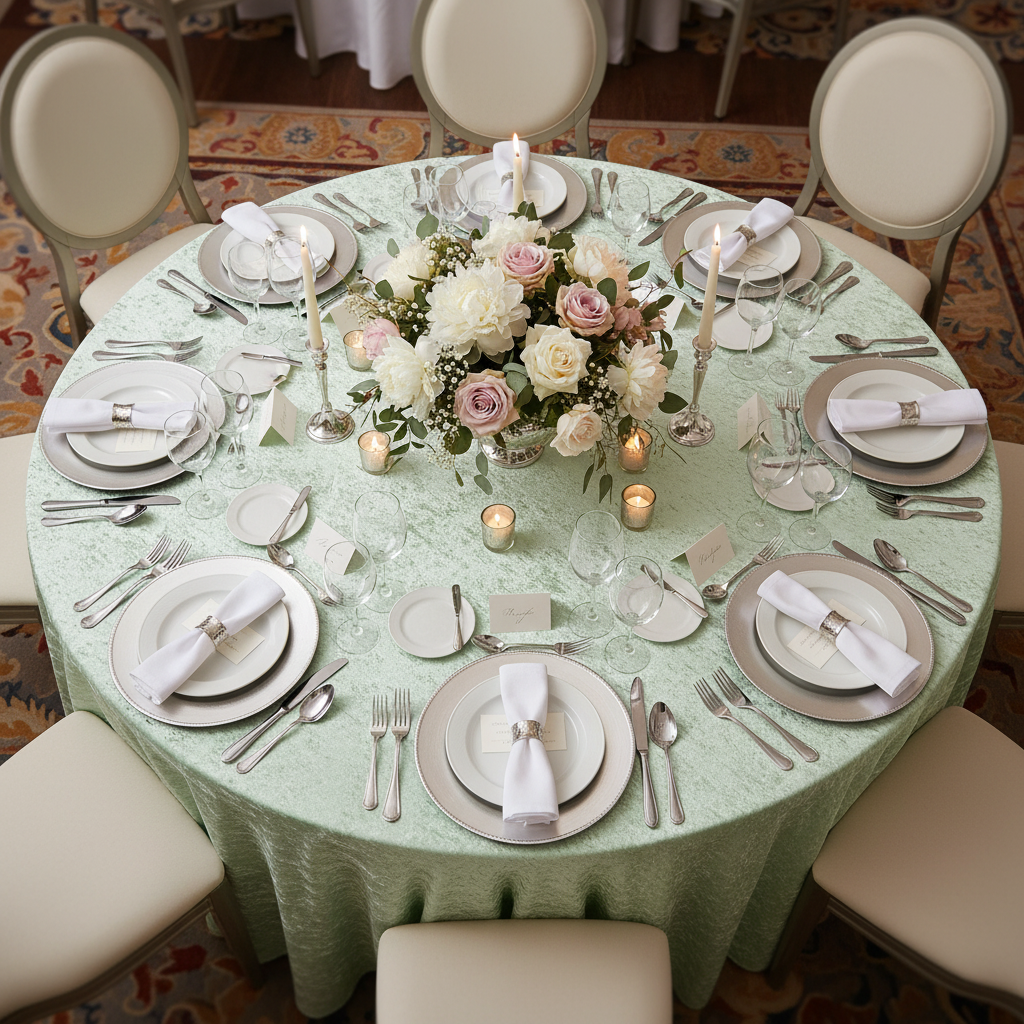 top view detail of Velvet 120" Round Tablecloth - Mint Green