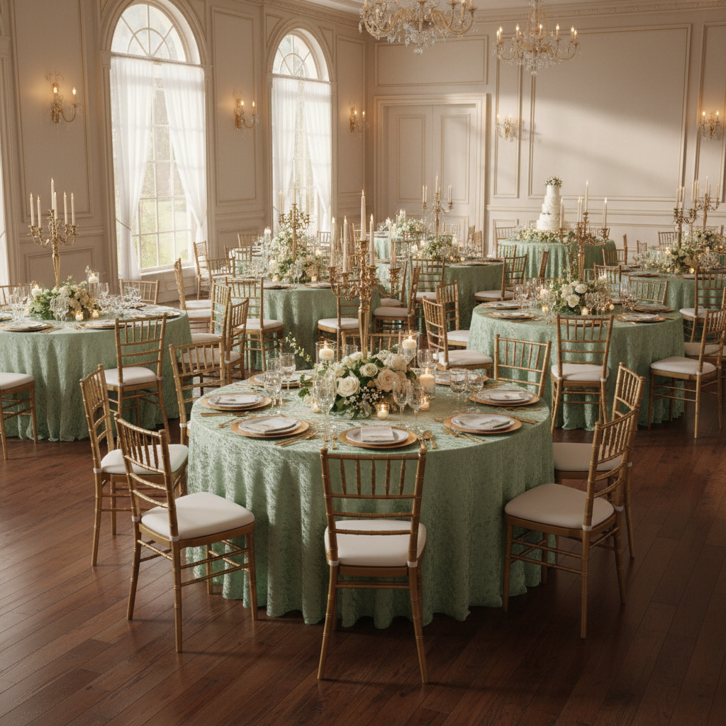 indoor elegant wedding reception with Velvet 120" Round Tablecloth - Mint Green