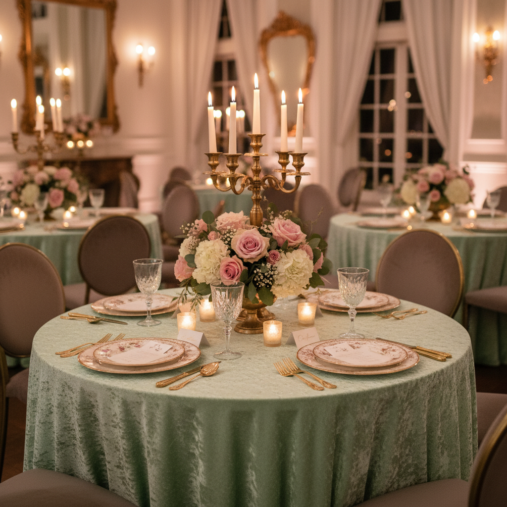 indoor vintage glam bridal shower with Velvet 120" Round Tablecloth - Mint Green