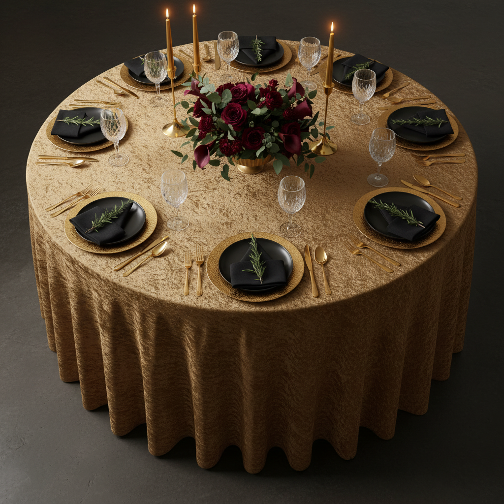 top view of black and gold setup with Velvet 120" Round Tablecloth - Mocha Brown