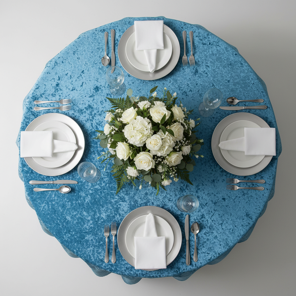 top view of Velvet 120" Round Tablecloth - Steele Blue