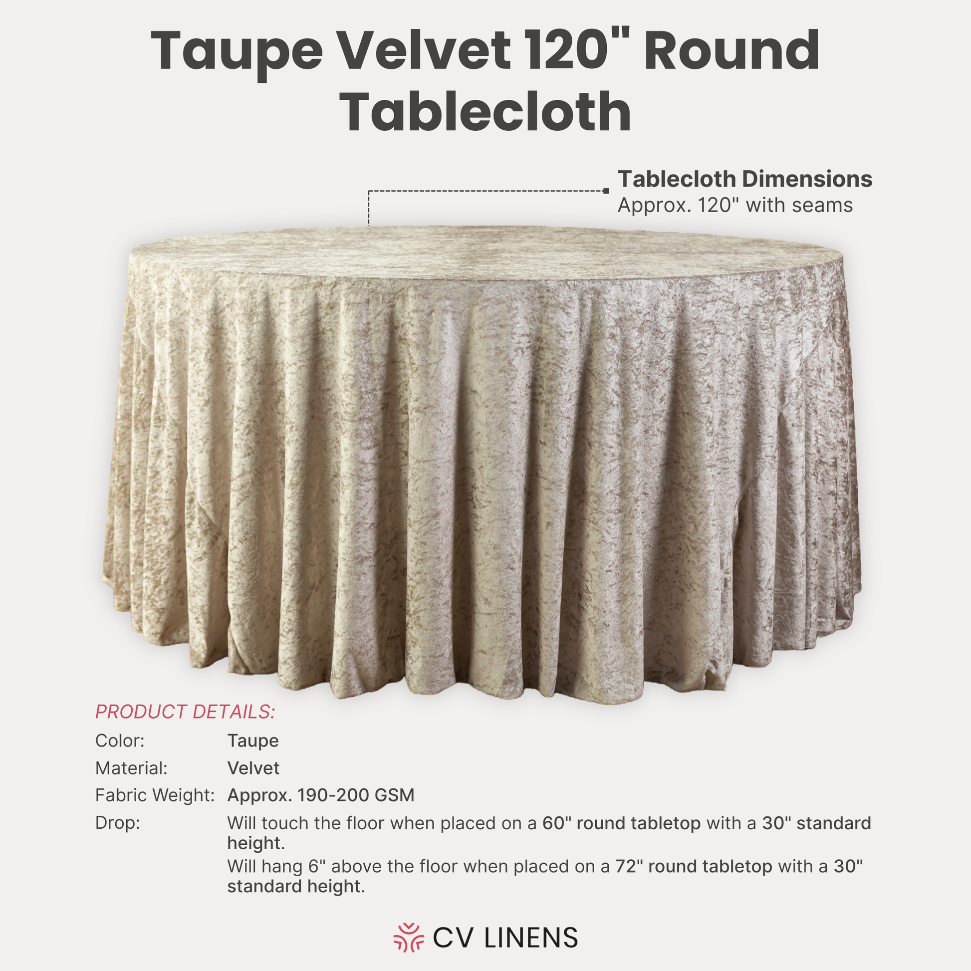 Velvet 120" Round Tablecloth Taupe infographic showing product dimensions