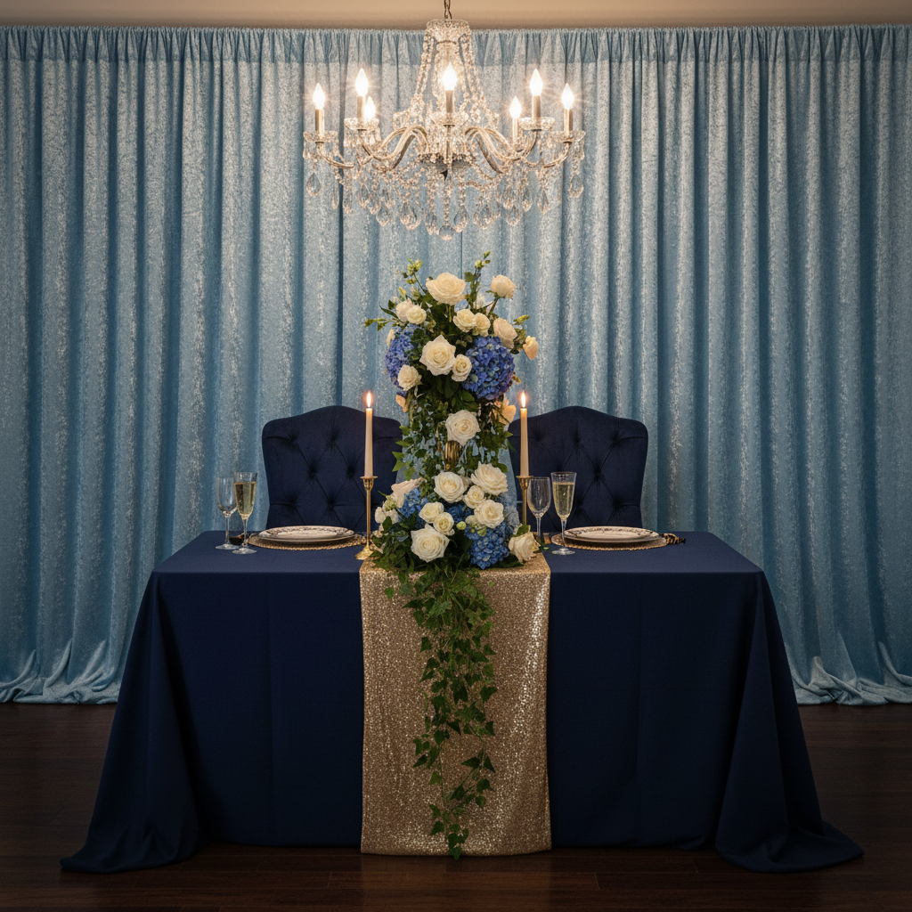 anniversary dinner with Velvet 12ft H x 52" W Drape/Backdrop Curtain Panel - Baby Blue