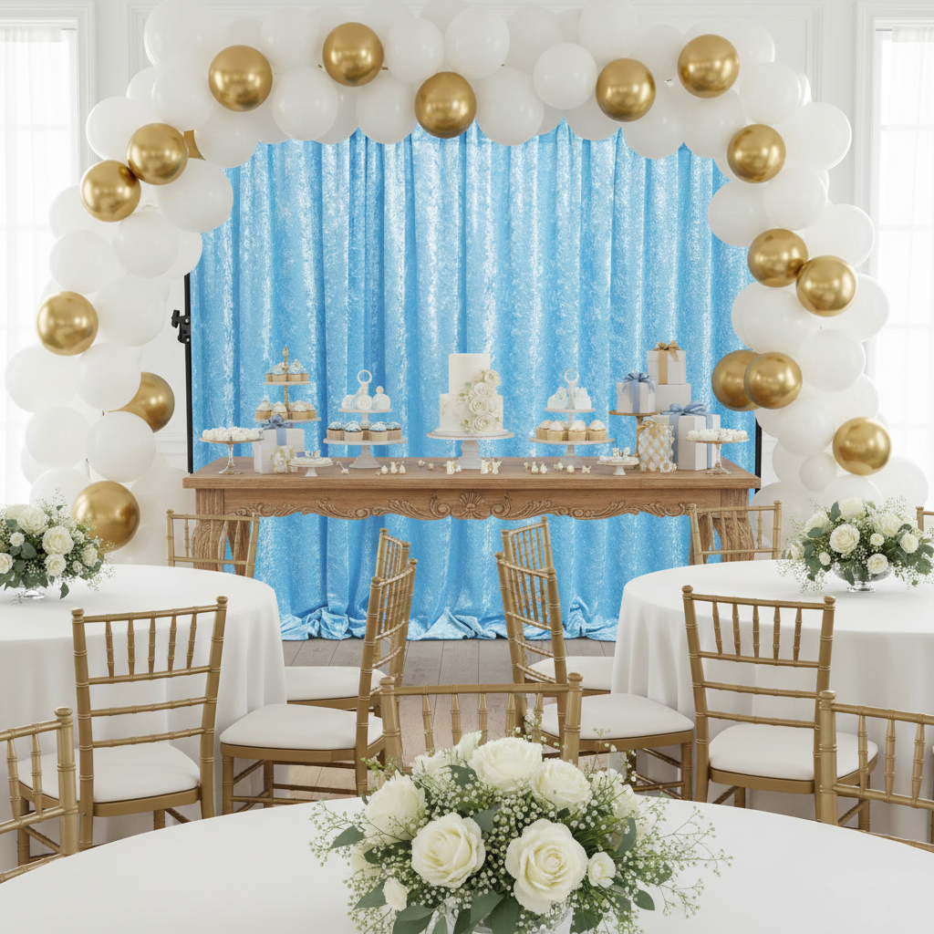 indoor baby shower with Velvet 12ft H x 52" W Drape/Backdrop Curtain Panel - Baby Blue