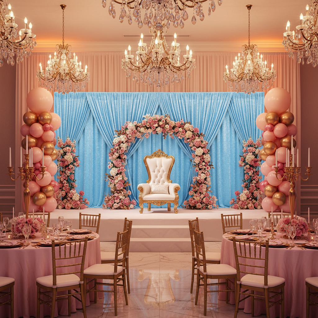 quinceañera with Velvet 12ft H x 52" W Drape/Backdrop Curtain Panel - Baby Blue