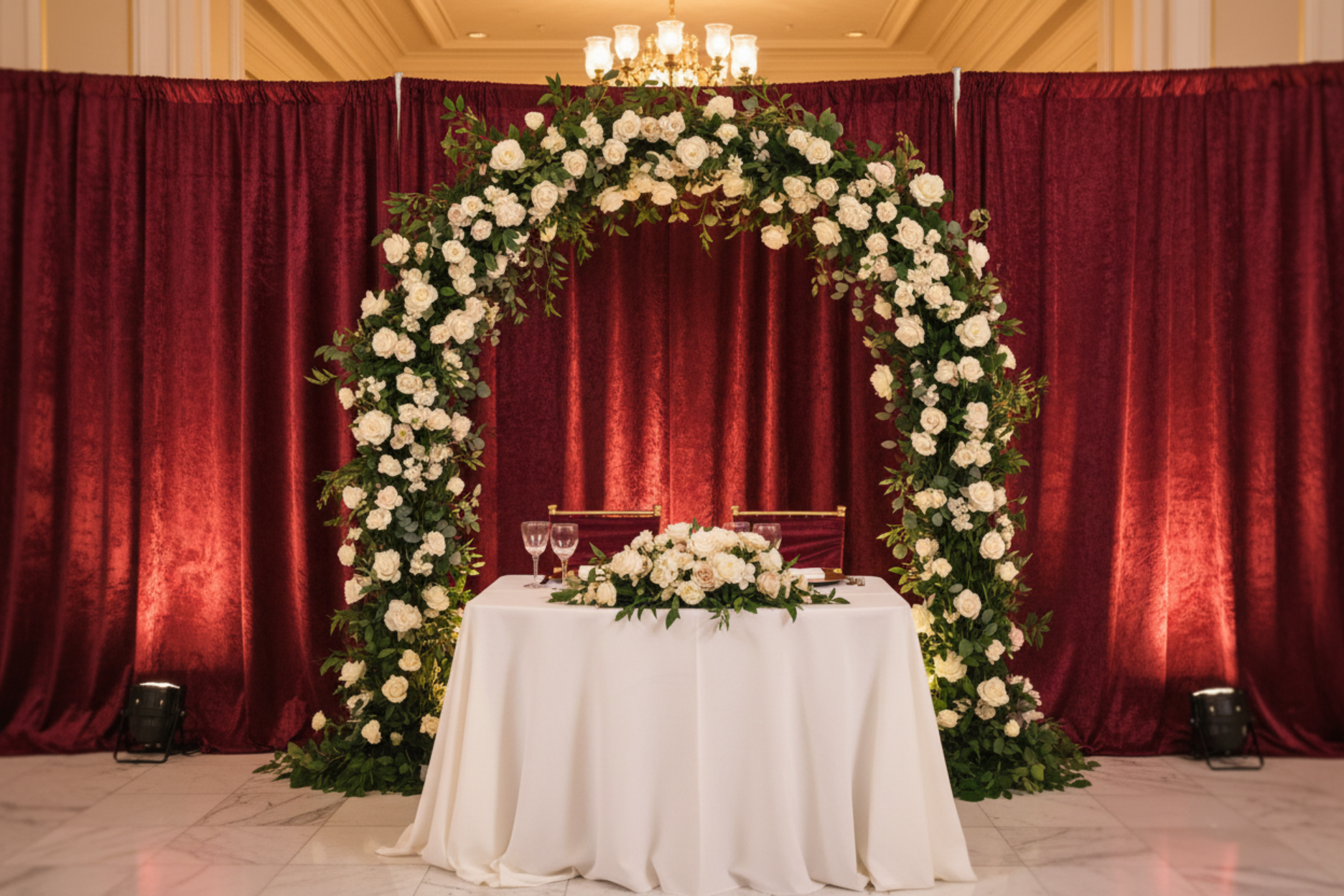 sweetheart table with Velvet 12ft H x 52" W Drape/Backdrop Curtain Panel - Cabernet