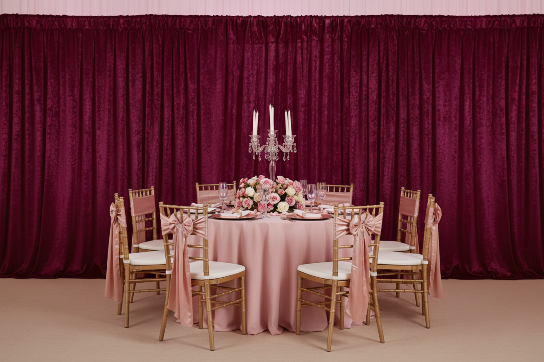 quinceañera setup with Velvet 12ft H x 52" W Drape/Backdrop Curtain Panel - Cabernet