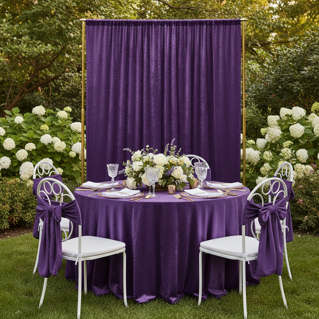 Velvet 12ft H x 52" W Drape/Backdrop Curtain Panel - Purple for outdoor garden event setup
