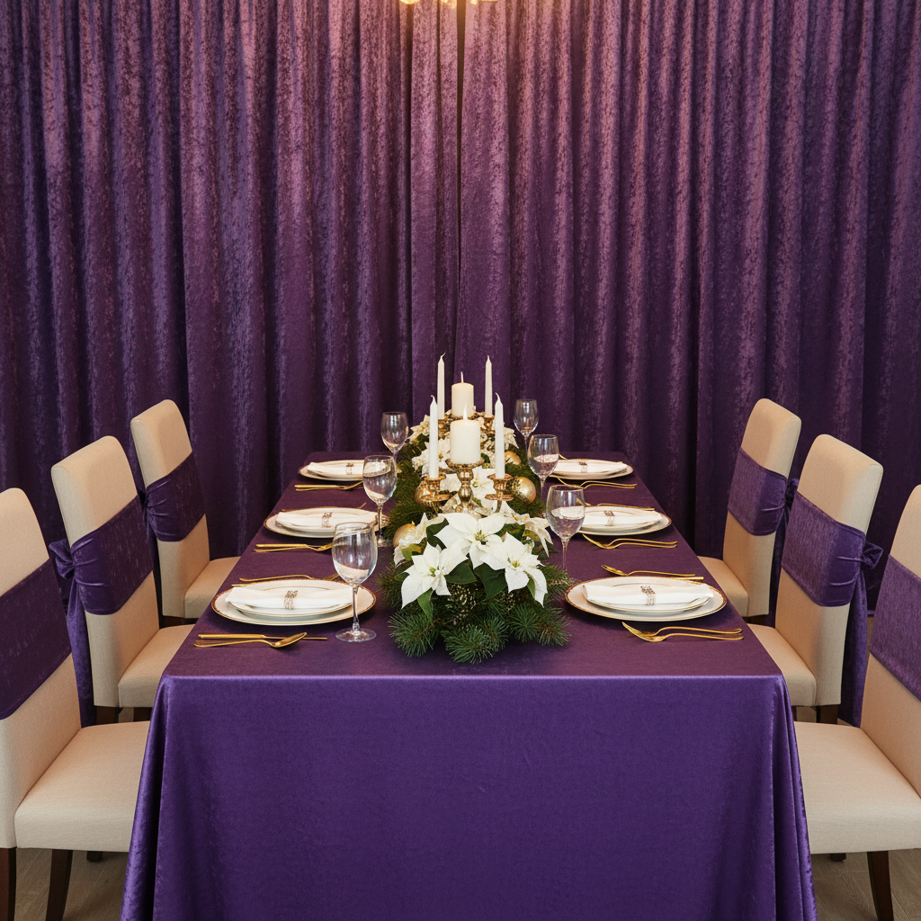 Velvet 12ft H x 52" W Drape/Backdrop Curtain Panel - Purple for elegant dinner reception