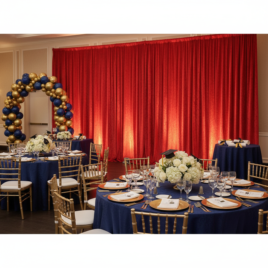Velvet 12ft H x 52" W Drape/Backdrop Curtain Panel - Red for graduation reception