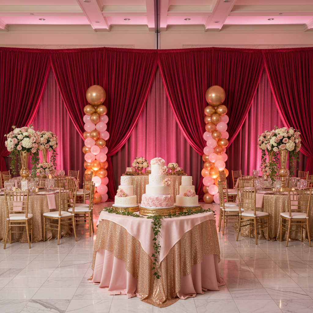 Velvet 12ft H x 52" W Drape/Backdrop Curtain Panel - Red celebration with champange, blush glitz tablecloths on top of round table
