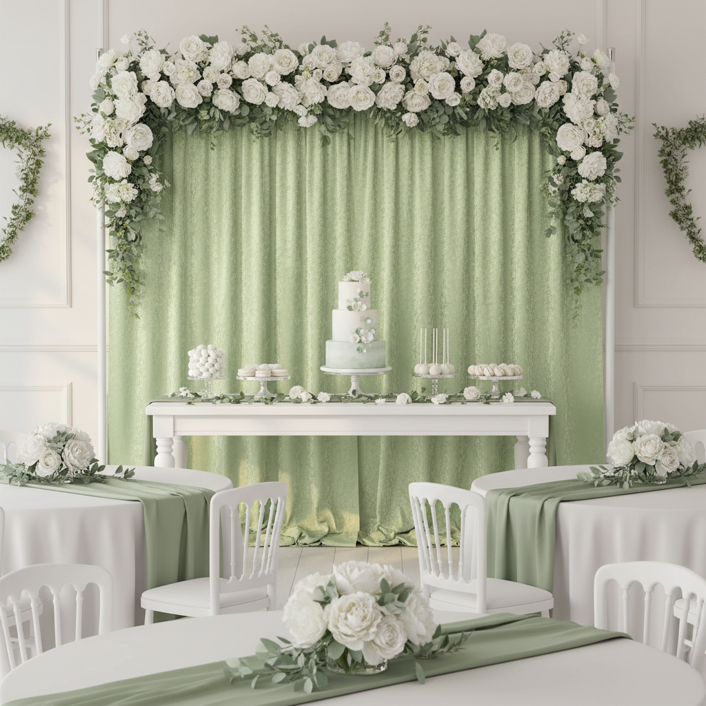 baby shower with Velvet 12ft H x 52" W Drape/Backdrop Curtain Panel - Sage Green