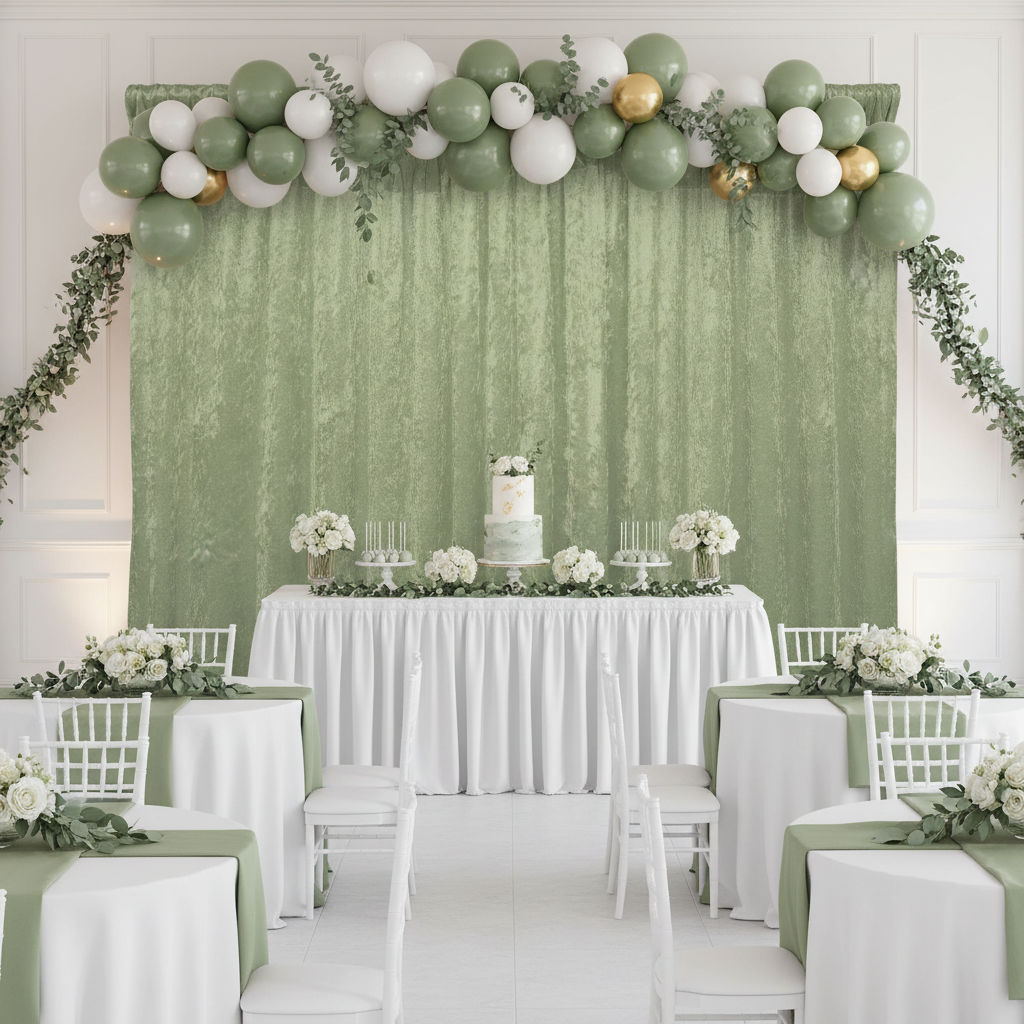 kids birthday party with Velvet 12ft H x 52" W Drape/Backdrop Curtain Panel - Sage Green