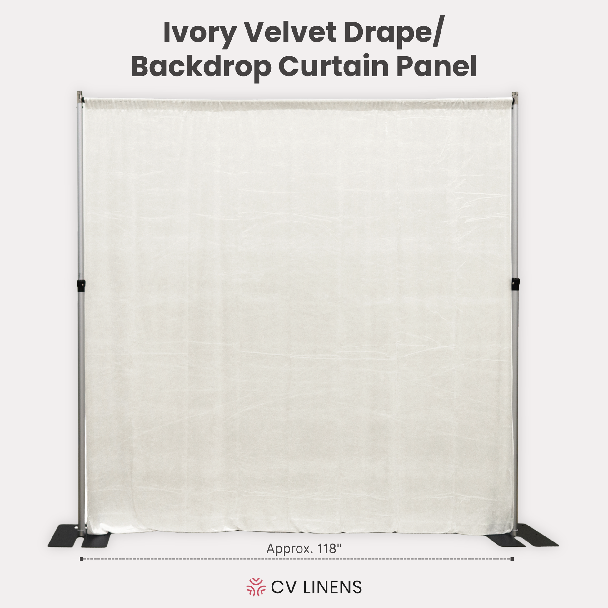 Velvet 12ft H x 118 W DrapeBackdrop Curtain Panel Ivory infographic showing drape stretch to full width