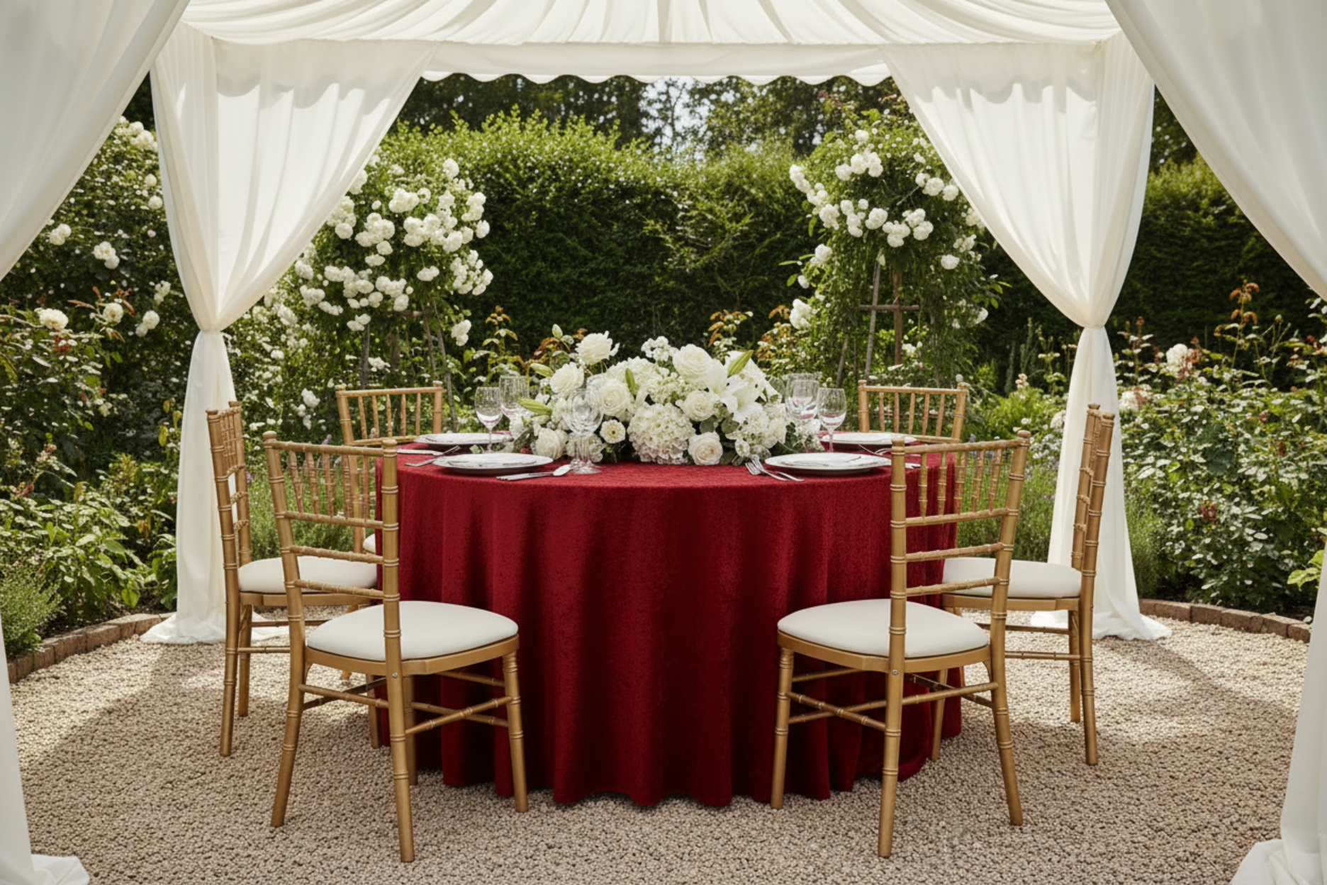 garden wedding reception with Velvet 132" Round Tablecloth - Apple Red